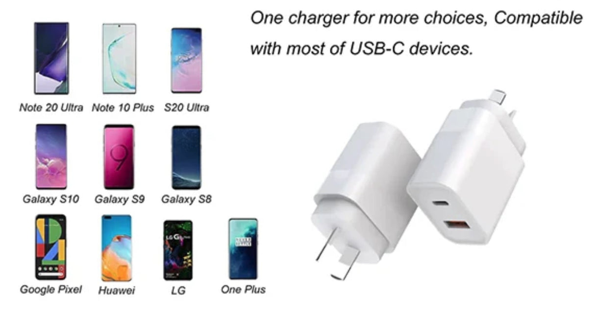 25W Fast PD Charger with USB-A and Type-C Ports for AU Plug
