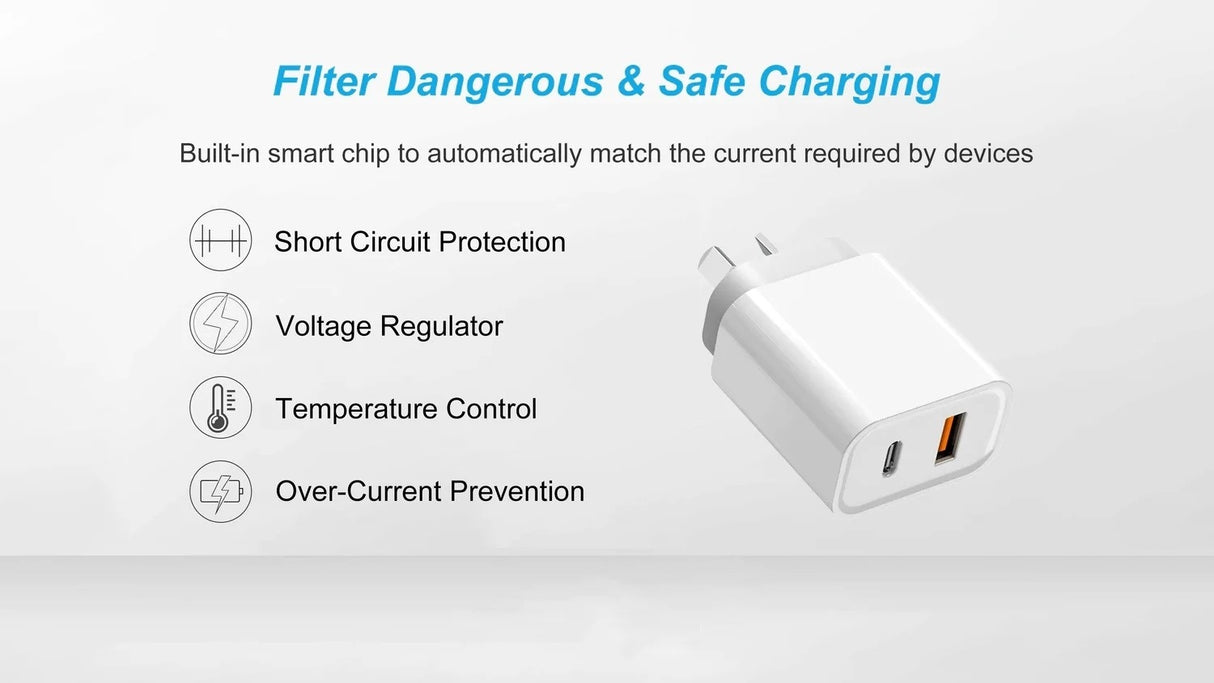 25W Fast PD Charger with USB-A and Type-C Ports for AU Plug