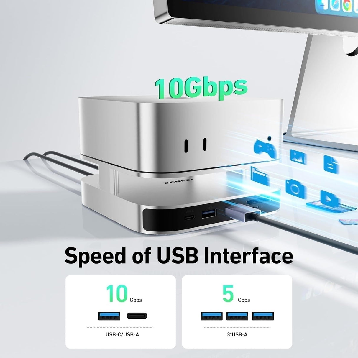 BENFEI 000438GY 10 in 1 USB-C Docking Station - 10Gbps NVMe SSD Enclosure + 4K DP , USB-C x 2, USB-A x 4, SD/TF