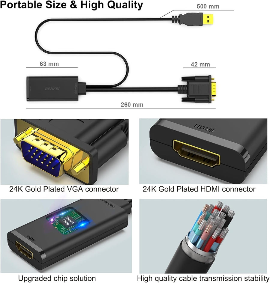 BENFEI 210BK VGA to HDMI Adapter with Audio Support and 1080P Resolution