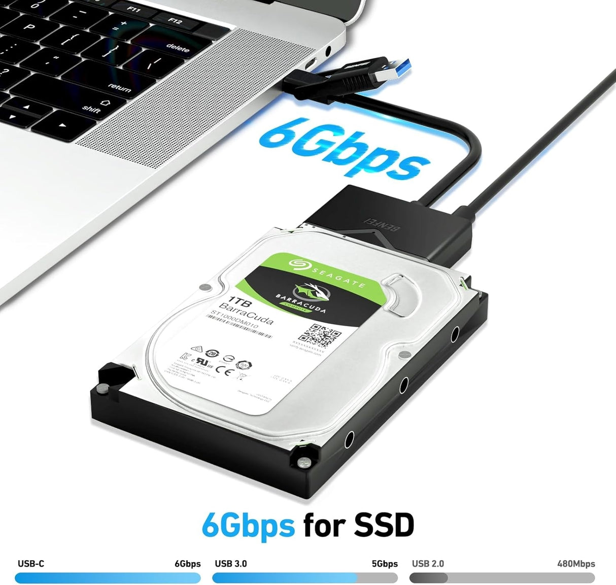 BENFEI 221BK USB 3.0 to SATA III Hard Drive Adapter for 2.5/3.5-inch HDD/SSD with 12V/2A Power Adapter, Support UASP