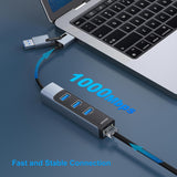 BENFEI 350GY 2-in-1 USB-C+USB 3.0 to RJ45 Gigabit Ethernet Port + 3-Port USB 3.0 HUB - Front View