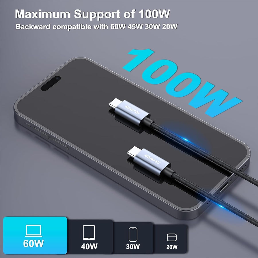 BENFEI 351SL-6F 100W USB-C to USB-C Fast Charging Cable Aluminum Shell Tangle-Free Silicone