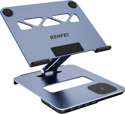 BENFEI 000366GY Laptop Stand with USB C Hub, Multi Function With USB and KVM Switch and 15W Wireless Charger