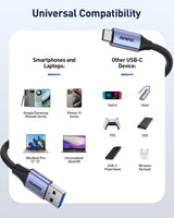 BENFEI 369GY 3M USB 3.0 to USB C Cable, 5Gbps High-Speed Data Sync & 3A Charging - Side View