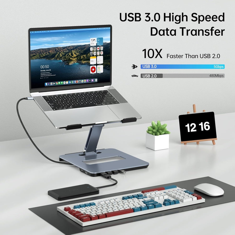 BENFEI 380GY Laptop Stand with USB C 6 in1 4K@60Hz HDMI, 4 x USB3.0, 100W PD Docking Station