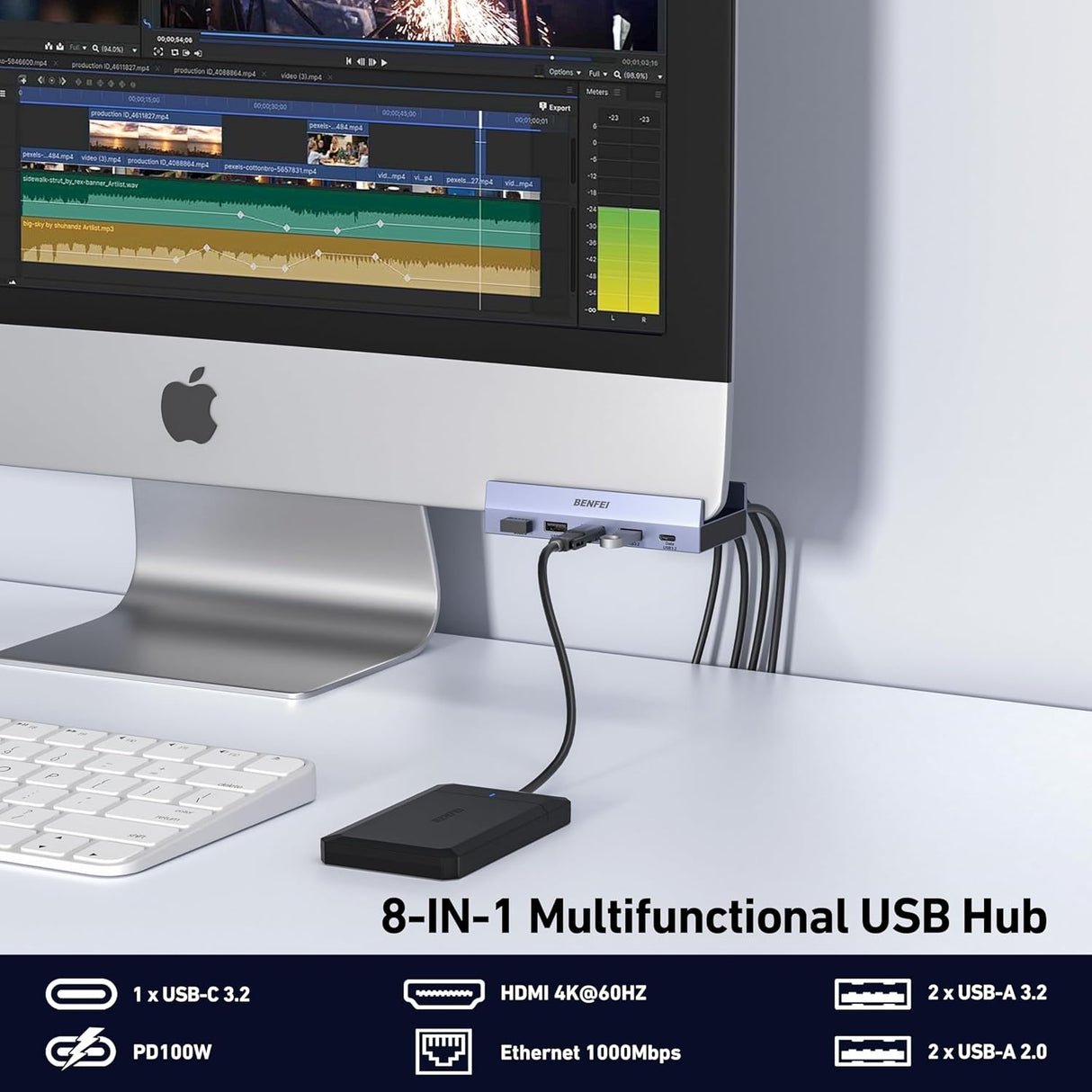 BENFEI 396GY USB-C 8-in-1 Docking HDMI 4K/60Hxz+USB-C(10G)+2xUSB-A(10G)+2xUSB2.0+RJ45+PD100W