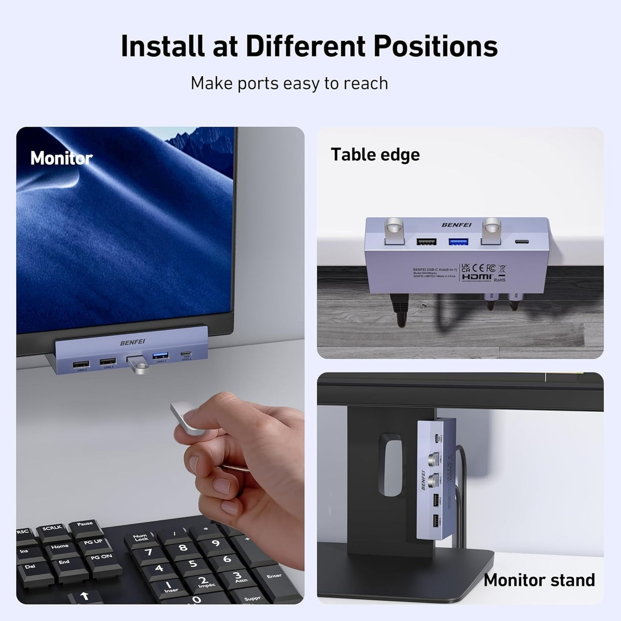 BENFEI 396GY USB-C 8-in-1 Docking HDMI 4K/60Hxz+USB-C(10G)+2xUSB-A(10G)+2xUSB2.0+RJ45+PD100W