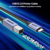 BENFEI 405GY-1.5M USB B to USB C Printer Cable, Nylon Braided, Premium Aluminium Alloy Case 1.5M - Side View