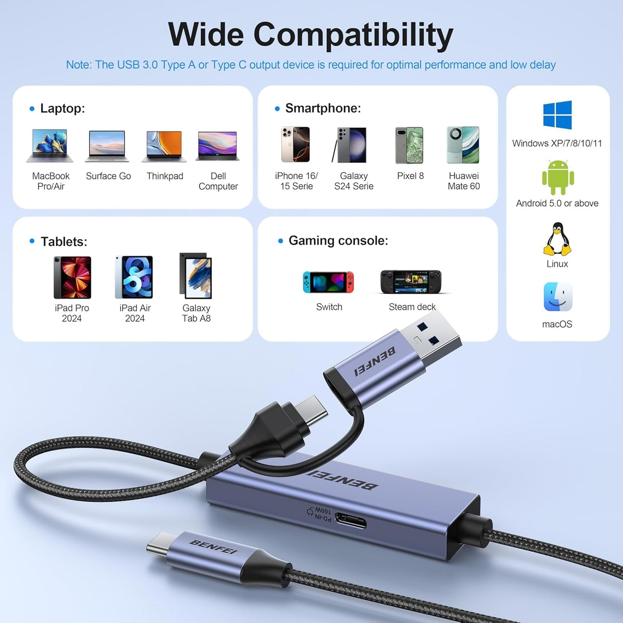 BENFEI 408GY USB-C to USB-C+A + PD (100W) Video/Audio Capture Card Supporting Full HD 1080P 60FPS for Streaming, Recording, Gaming