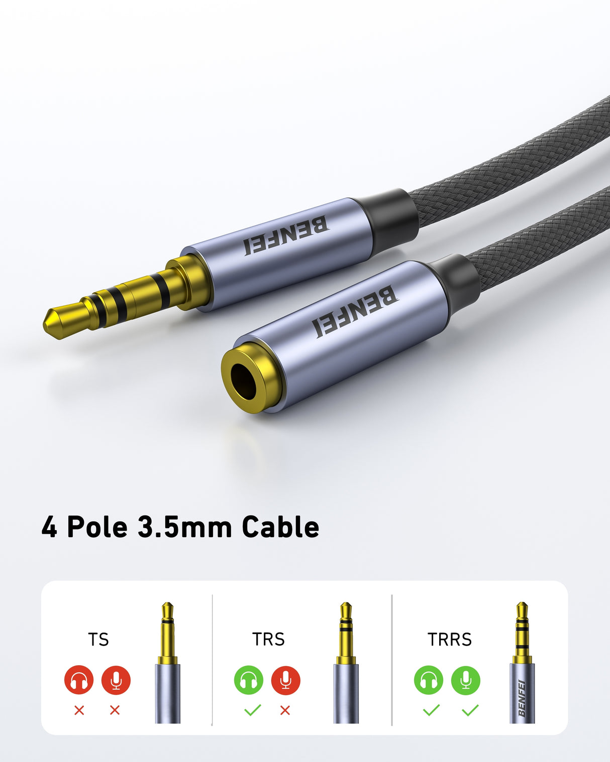 BENFEI 421GY 2M 3.5mm Male to Female AUX Extension Cable, TRRS 4-Pole Stereo Audio Jack Cord for Headphones, Microphone, Smartphones, PC, Laptop,
