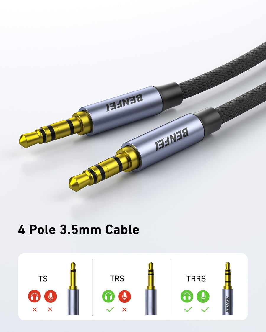 BENFEI 427GY 3M 3.5mm TRRS Male to Male Audio Cable, 4-Pole Stereo Mic Aux Cable, Nylon Braided Headphone Jack Cord