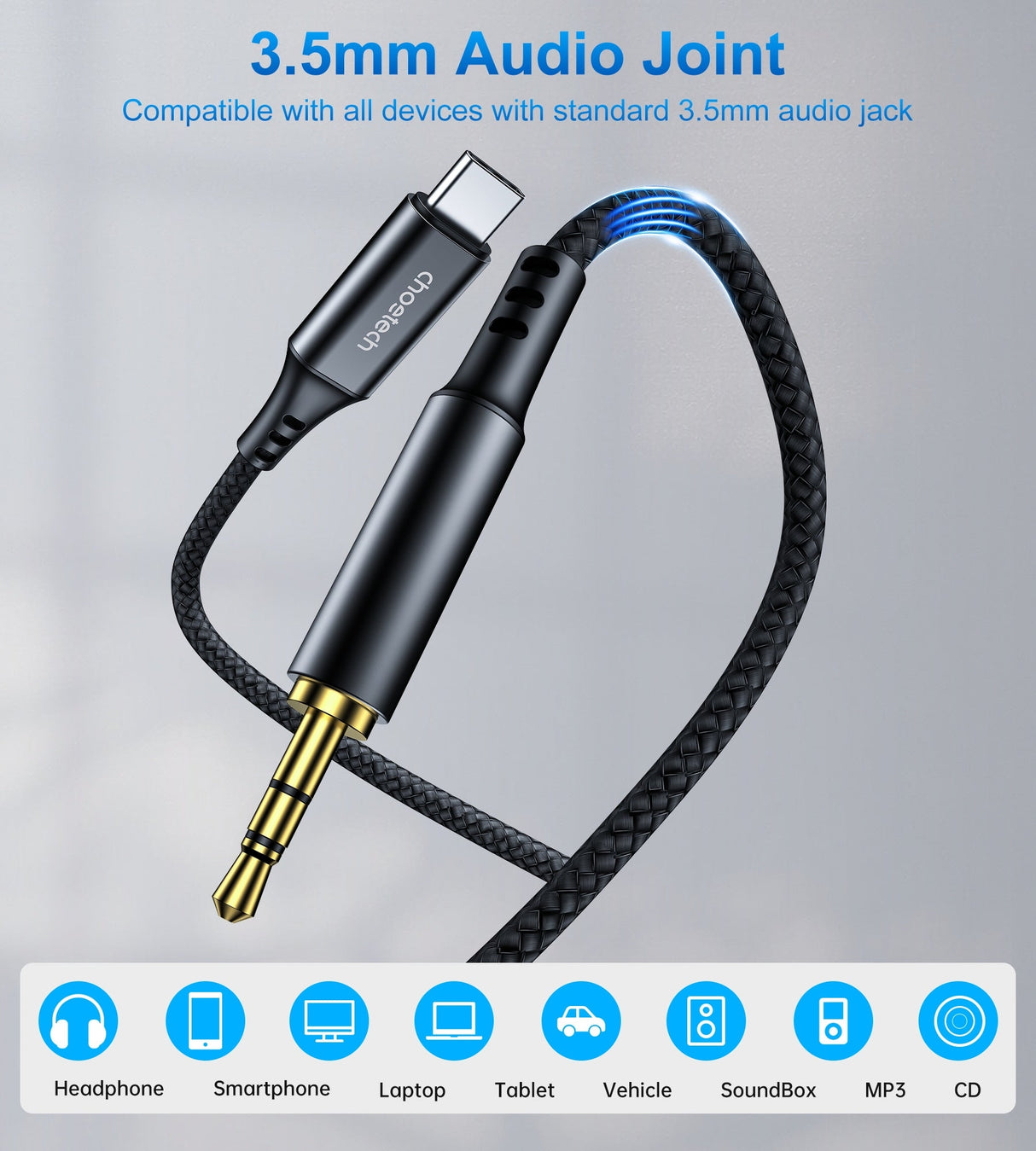 CHOETECH Premium Type-C to 3.5mm Audio Cable - 1M Length with DAC Chip