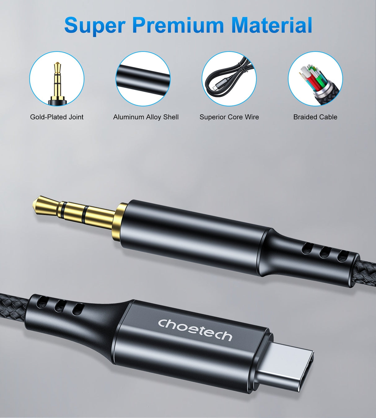 CHOETECH Premium Type-C to 3.5mm Audio Cable - 1M Length with DAC Chip