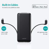 CHOETECH 10000mAh MFi Certified Power Bank with Dual Built-in Cables and PD18W Fast Charging - Front View