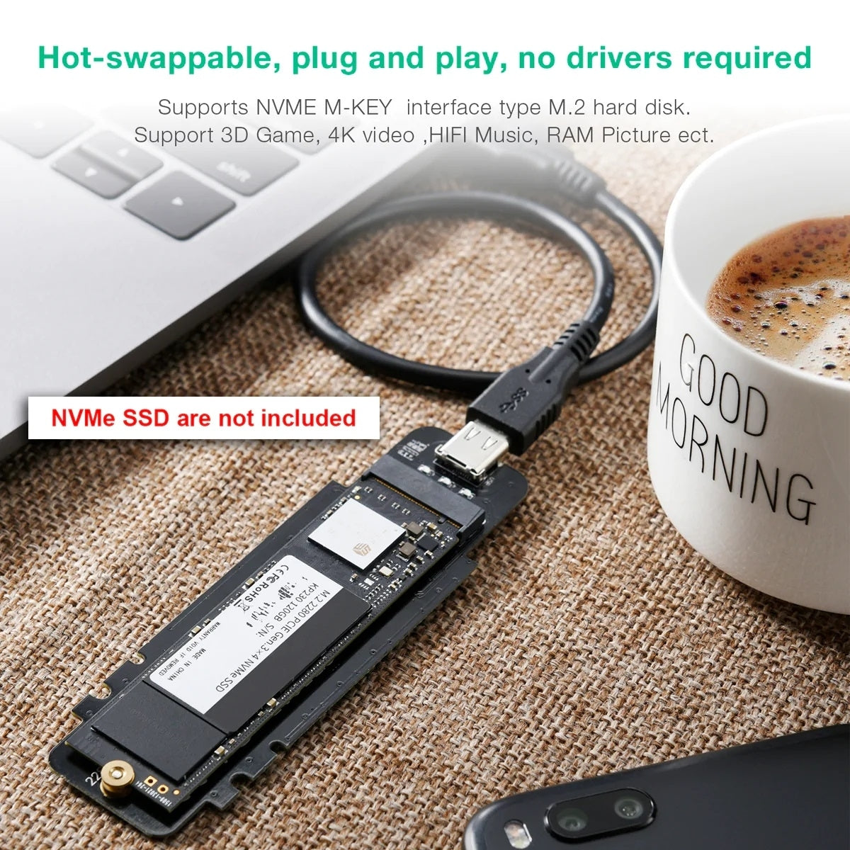 CHOETECH M.2 to USB 3.1 Gen 2 SSD Enclosure for PCI-E NVMe Drives (M-Key Only)