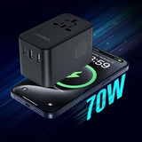 CHOETECH PD5022 70W EU/US/AUS/UK Travel Adapter with Built-in USB-C Cable - Black - Front View