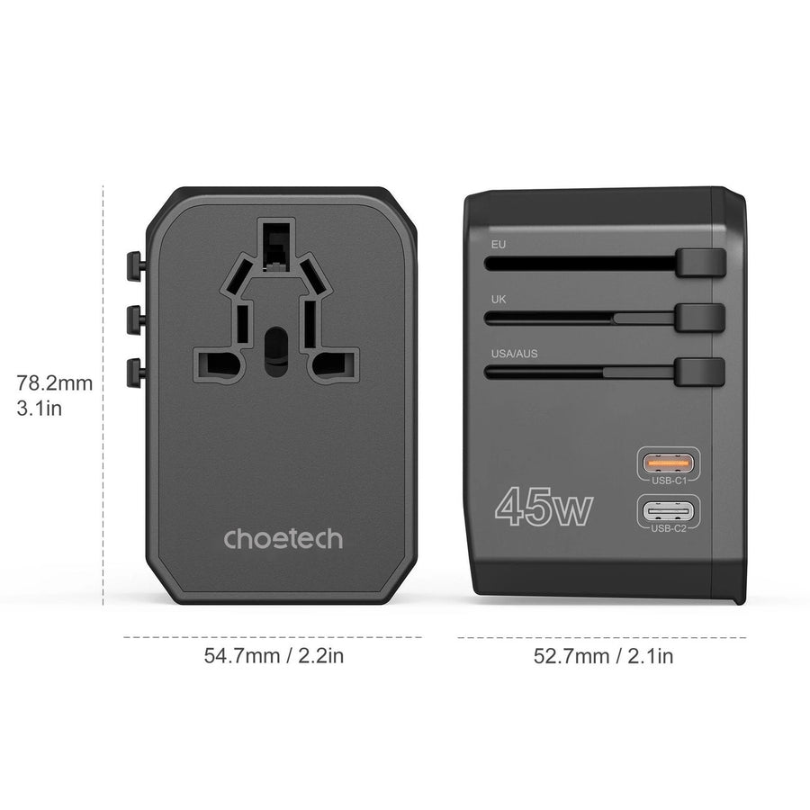 CHOETECH PD6045 GaN Tech 2C+2A 45W Travel Adapter with US EU UK AU Plugs Black