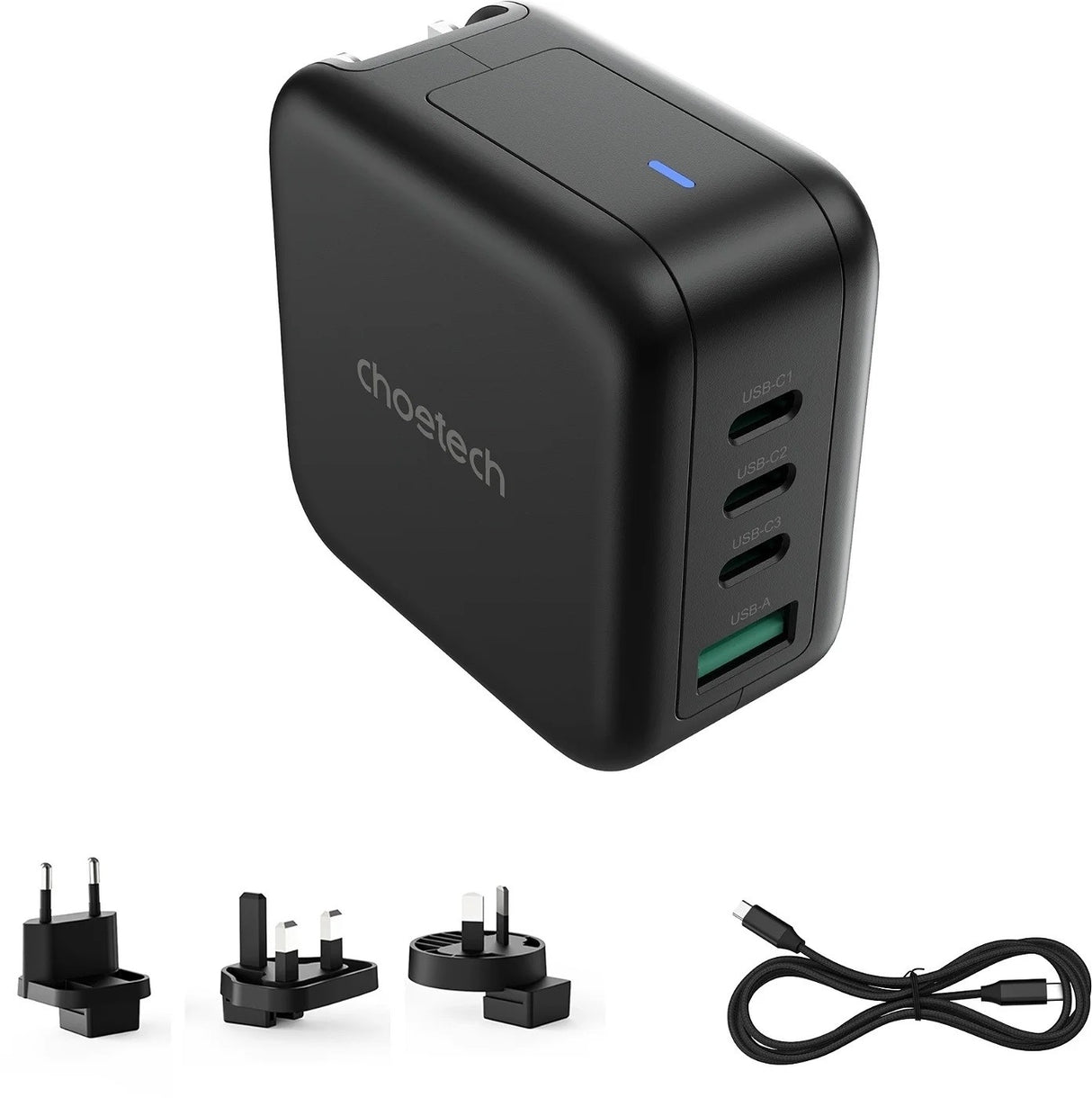 CHOETECH 70W GaN Travel Charger with Interchangeable Plugs - USB-C & USB-A for Global Compatibility
