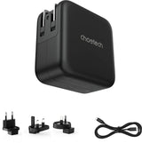 CHOETECH 70W GaN Travel Charger with Interchangeable Plugs - USB-C & USB-A for Global Compatibility