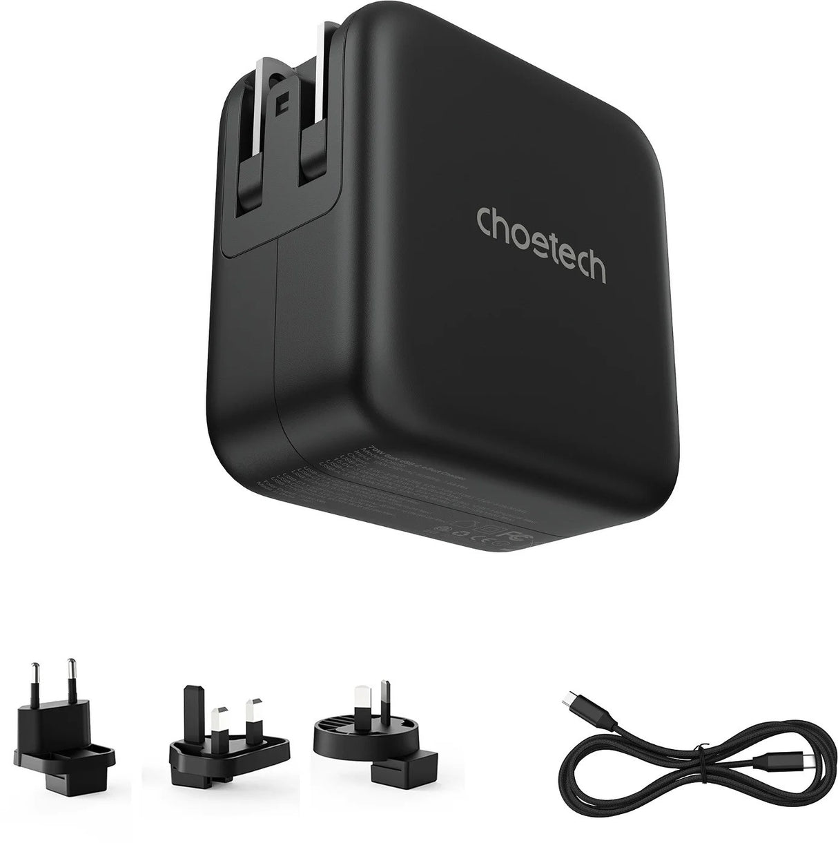 CHOETECH 70W GaN Travel Charger with Interchangeable Plugs - USB-C & USB-A for Global Compatibility