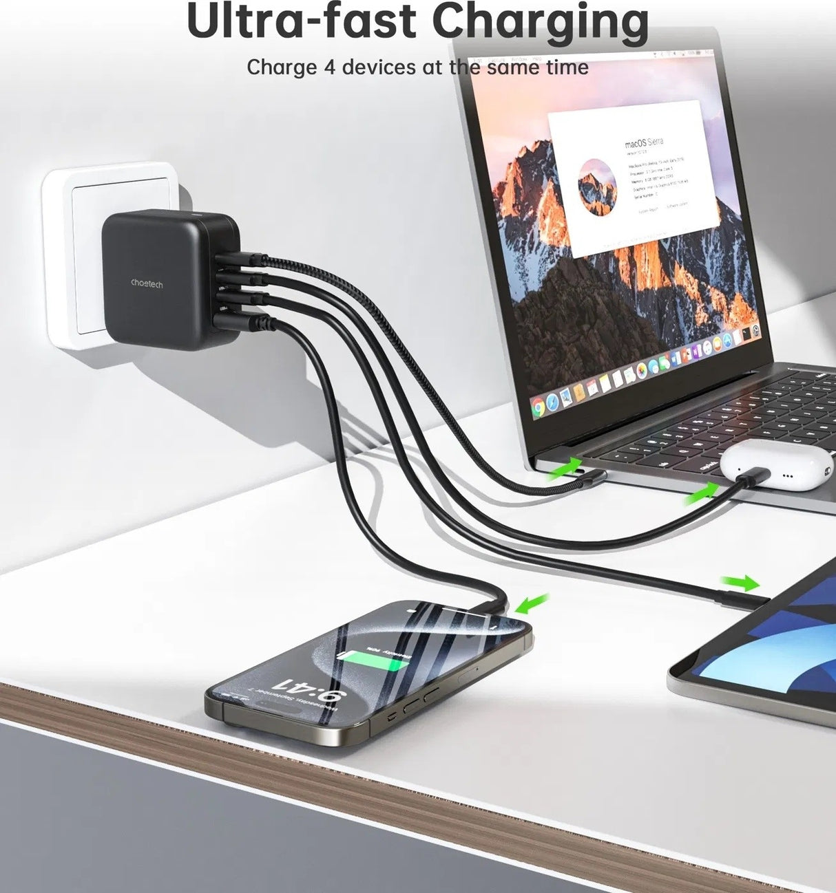 CHOETECH 70W GaN Travel Charger with Interchangeable Plugs - USB-C & USB-A for Global Compatibility