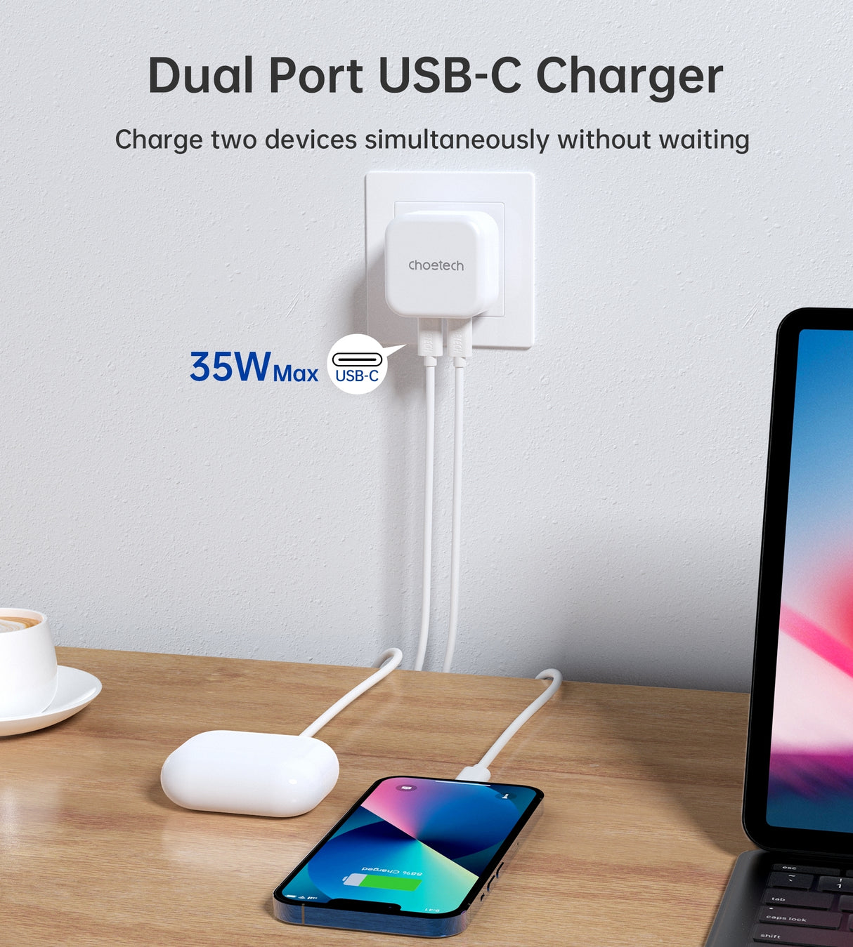 CHOETECH 35W Dual USB-C Power Delivery Charger for Travel