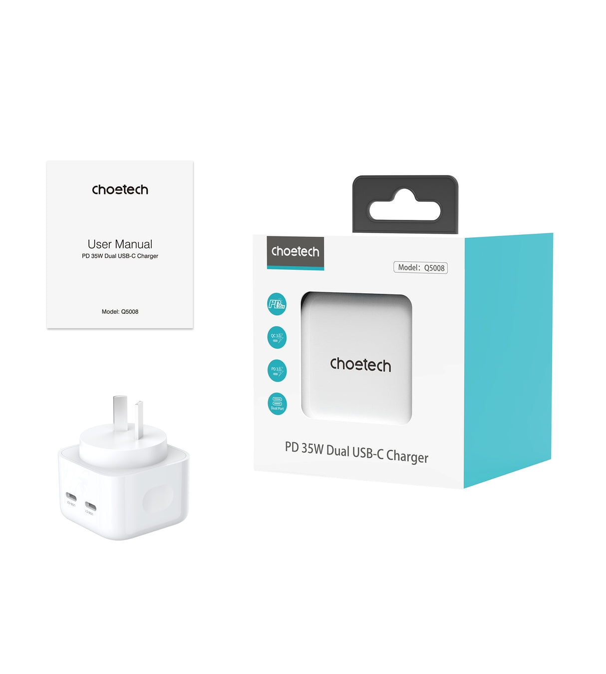 CHOETECH 35W Dual USB-C Power Delivery Charger for Travel