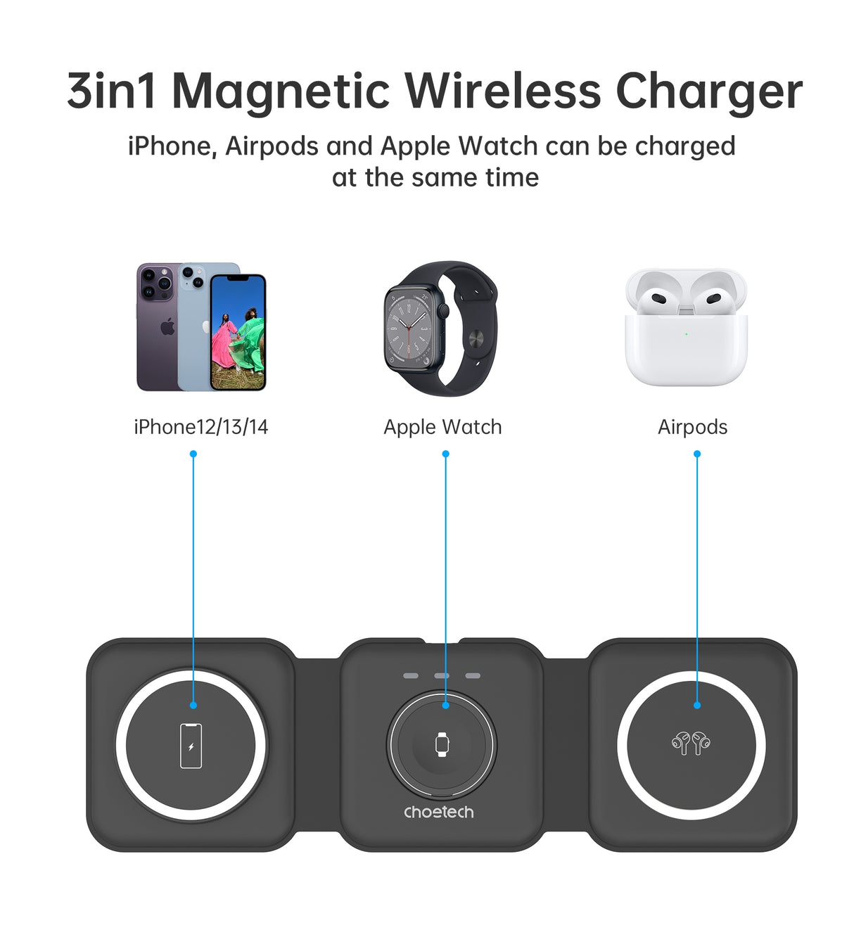 CHOETECH T588-F-BK 3-in-1 Foldable Fast Wireless Charging Station for iPhone, Watch, and AirPods
