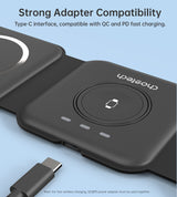 CHOETECH T588-F-BK 3-in-1 Foldable Fast Wireless Charging Station for iPhone, Watch, and AirPods