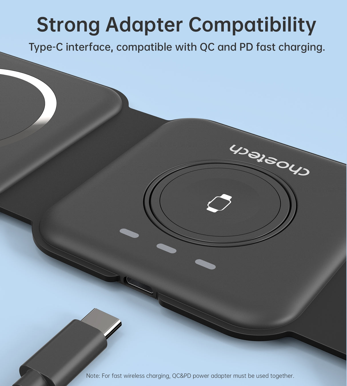 CHOETECH T588-F-BK 3-in-1 Foldable Fast Wireless Charging Station for iPhone, Watch, and AirPods