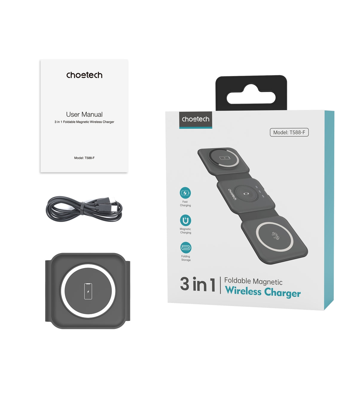 CHOETECH T588-F-BK 3-in-1 Foldable Fast Wireless Charging Station for iPhone, Watch, and AirPods
