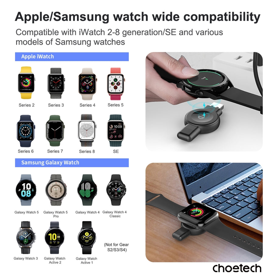 CHOETECH T606-F USB-A +USB-C Magnetic Charger for Samsung & Apple Watch