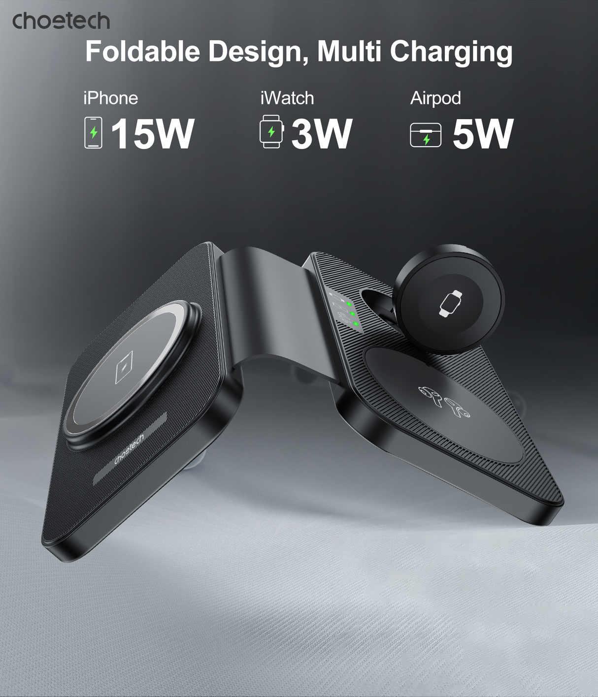 CHOETECH 3-in-1 Magnetic Foldable Wireless Charger - Black with LED Indicator