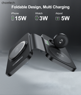 CHOETECH 3-in-1 Magnetic Foldable Wireless Charger - Black with LED Indicator - Rear View
