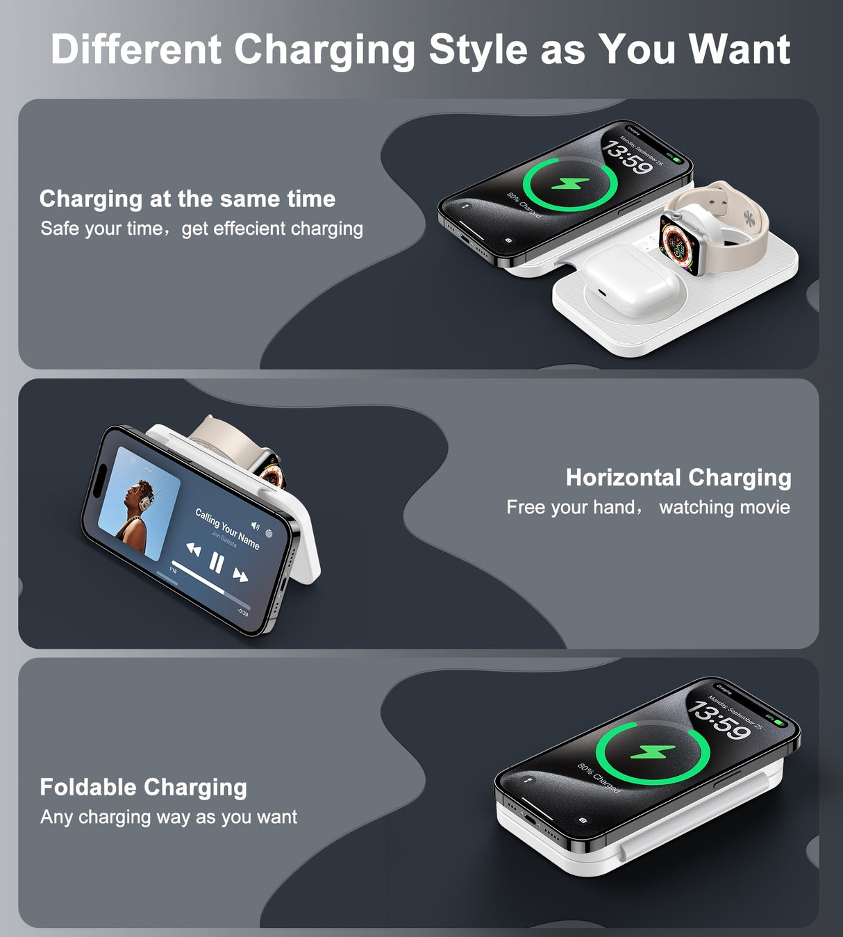 CHOETECH T616-F-WH 3-in-1 Magnetic Wireless Charger - Foldable Design in White