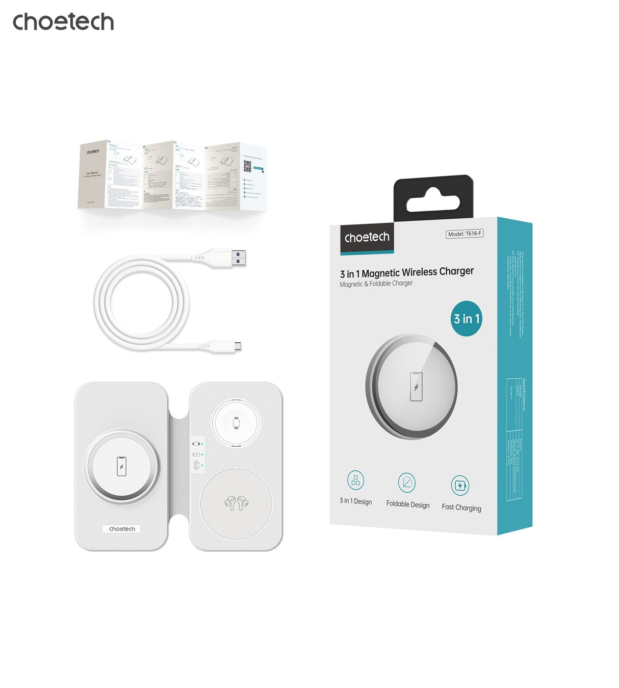 CHOETECH T616-F-WH 3-in-1 Magnetic Wireless Charger - Foldable Design in White