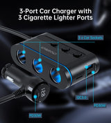 CHOETECH TC0021 3 Sockets 2C+1A Cigarette Lighter Splitter Black - Rear View