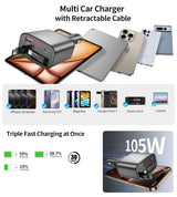 CHOETECH TC0033 105W USB-C+USB-A Fast car charger with Stretchable USB-C + Lightning cables - Low Angle