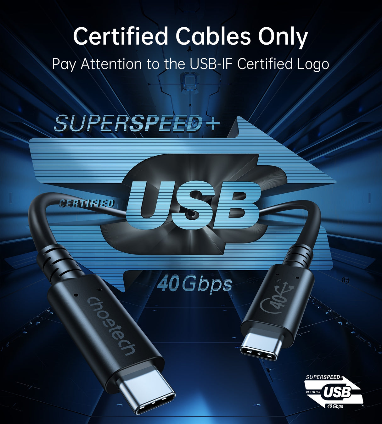 CHOETECH 100W USB-C to USB-C 4.0 Gen 3 Cable - 0.8M, 8K Video & Power Delivery