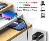 CHOETECH 60W 1M USB-C to C Cable with 3 Interchangeable Connectors - Top-Down View