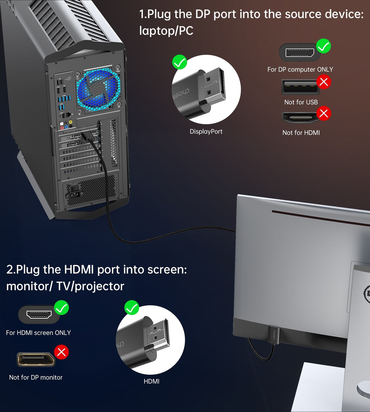 CHOETECH 2M 4K 60Hz DisplayPort to HDMI Male Braided Cable