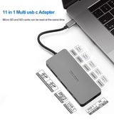 INTACT 9845T 11-in-1 USB-C Adapter HDMI/USB3.0*2/USB2.0*3/TypeC/SD*2/TF/ USB-C PD - 45-Degree Angle