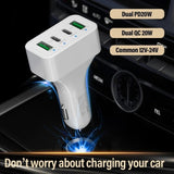 White 4-Port Car Charger with Dual PD and QC3.0 Support - Top-Down View