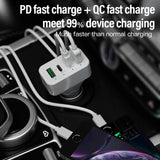 White 4-Port Car Charger with Dual PD and QC3.0 Support - Low Angle