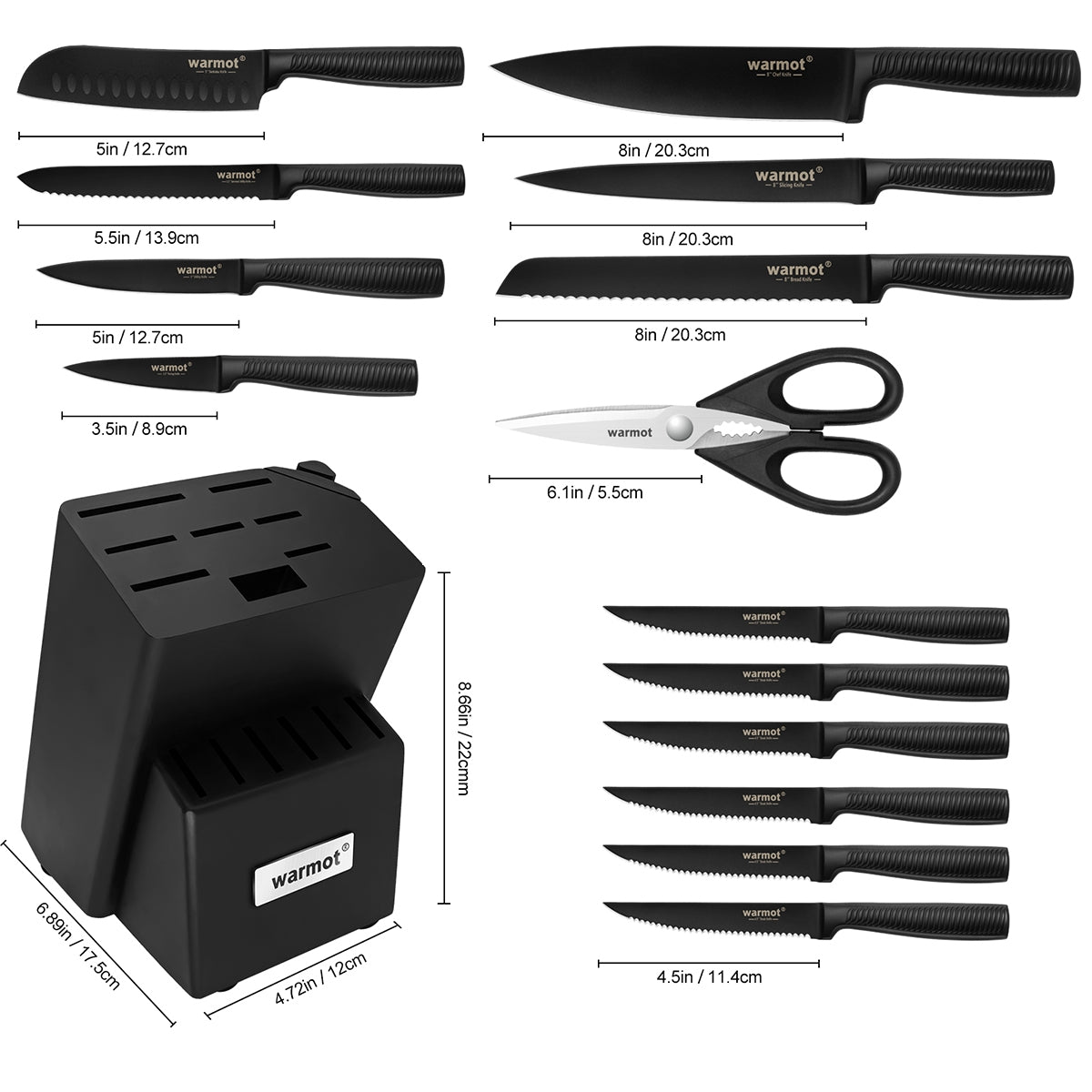 15-Piece Professional German Stainless Steel Knife Set with Built-in Sharpener Block