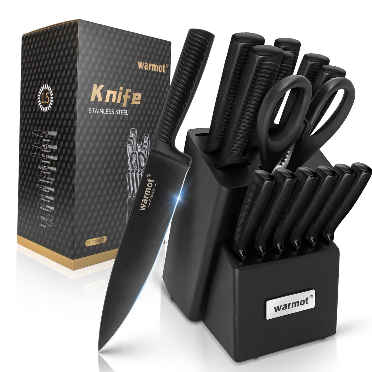 15-Piece Professional German Stainless Steel Knife Set with Built-in Sharpener Block