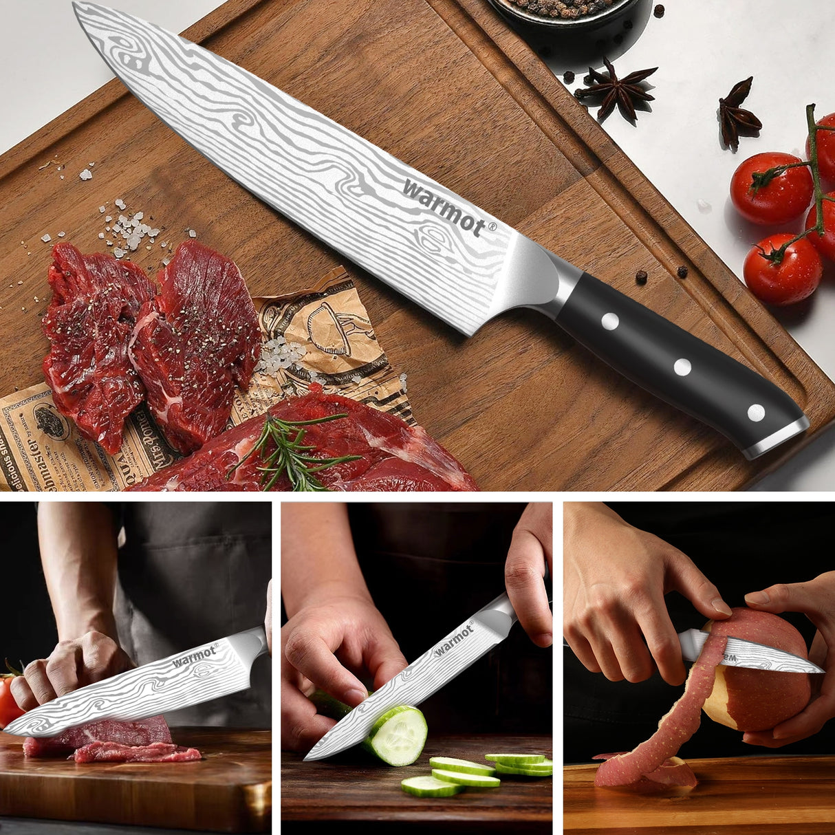 Warmot Premium 3-Piece High Carbon Stainless Steel Kitchen Knife Set with Ergonomic Handle and Gift Box