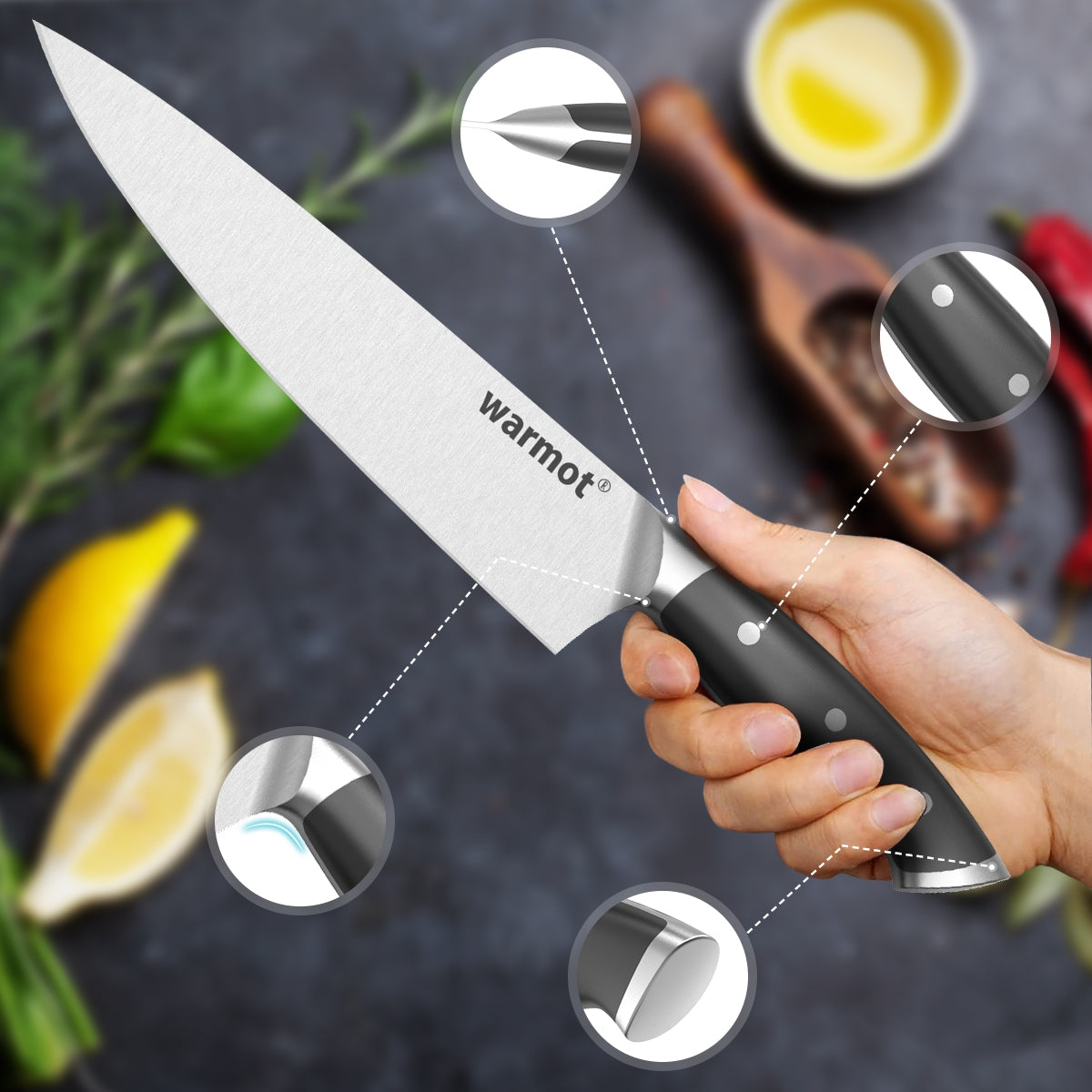 Warmot Professional 3-Piece High Carbon Stainless Steel Chef Knife Set with Elegant Gift Box