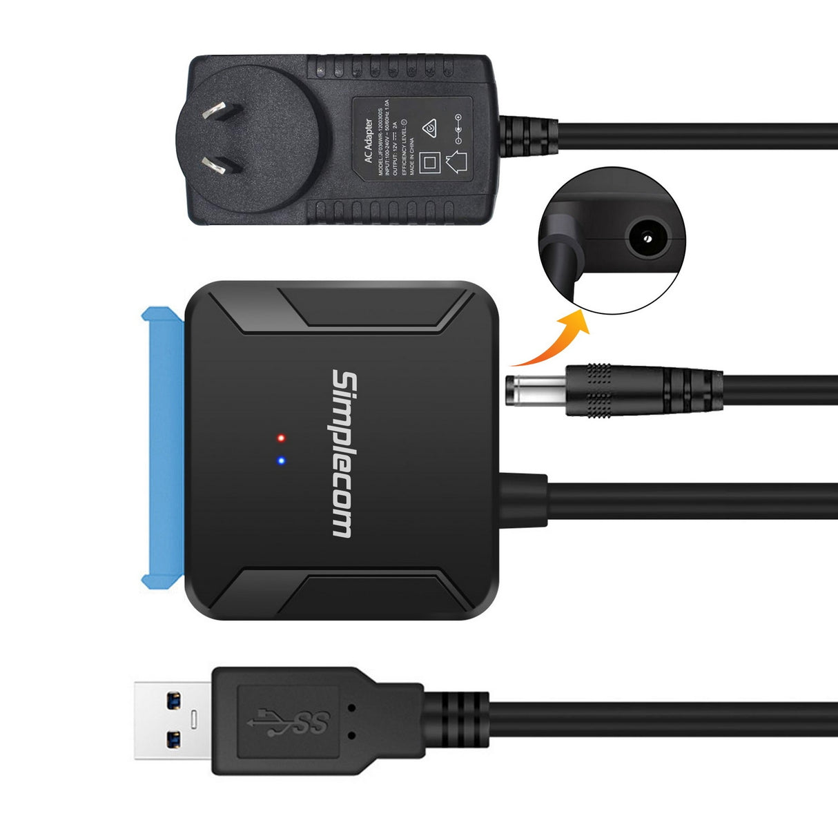 Simplecom SA236 USB 3.0 to SATA Adapter Cable Converter with Power Supply for 2.5 & 3.5 HDD SSD